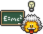 Gelber Knuddel, der Einstein darstellt neben einer grünen Tafel, auf der E=mc2 steht